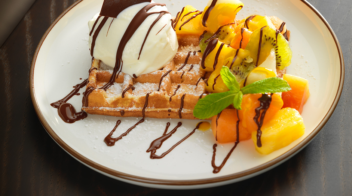 Our unique waffles with fine chocolate and fruit